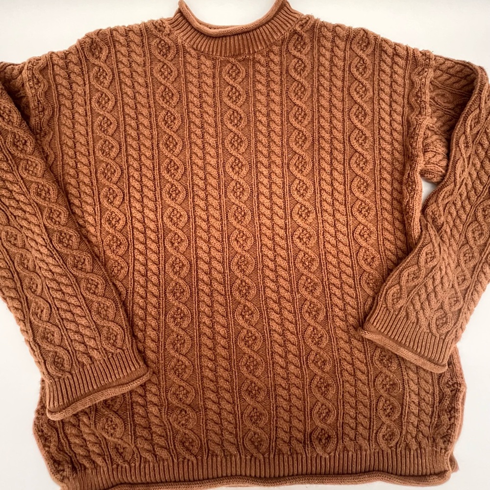 VTG Ann Taylor women’s Cable Knit Roll neck 100% cotton chunky Sweater Brown Sm